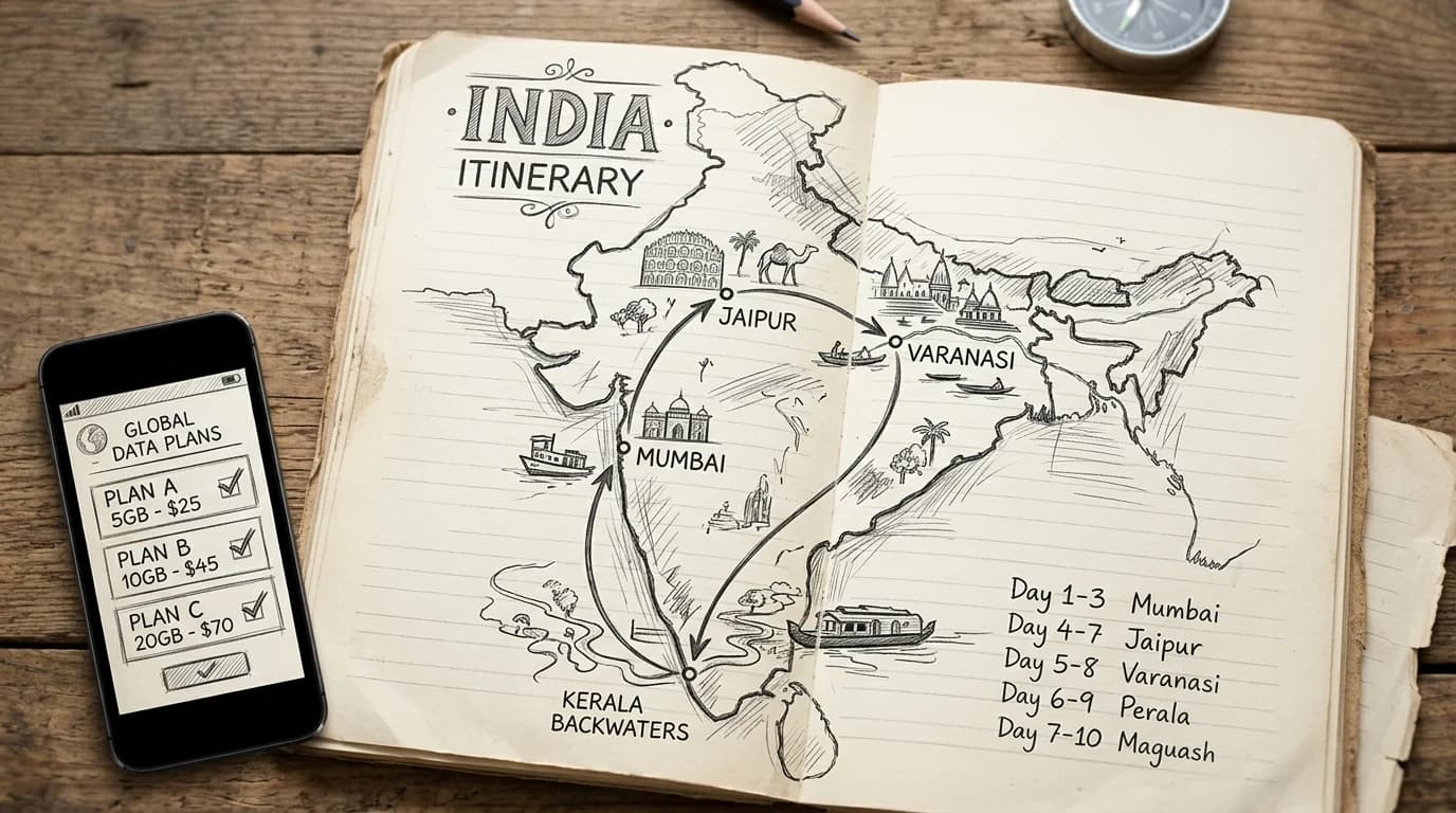 Sketched travel journal shows India itinerary route alongside a phone displaying eSIM plan options