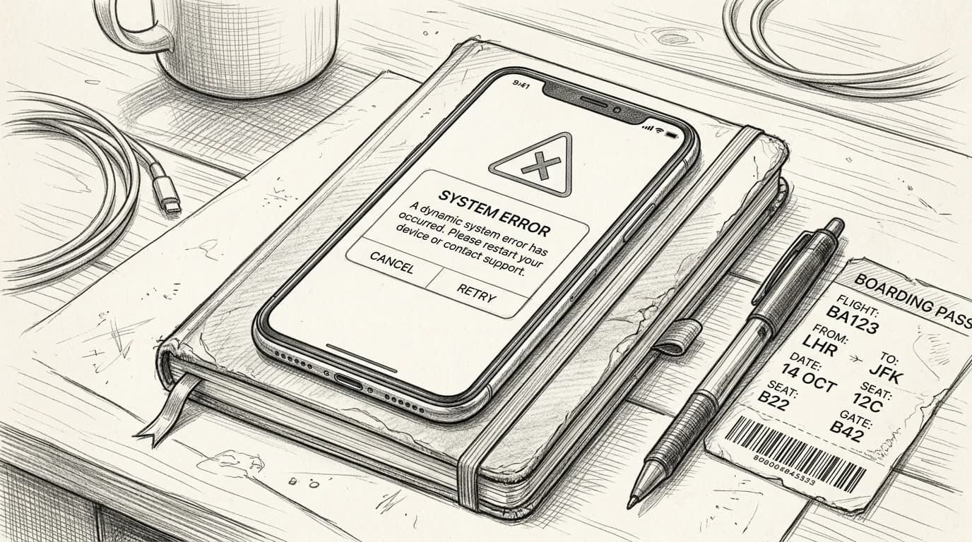 Pencil sketch of iPhone showing an error screen beside a boarding pass and open notebook