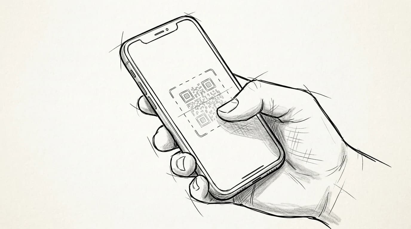 Sketched hand holds iPhone attempting to scan an unrecognized eSIM QR code with error indicator