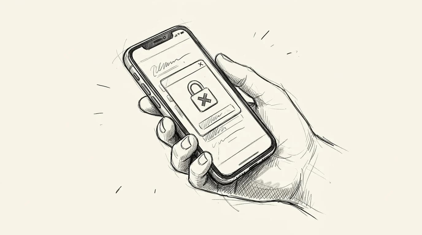Sketched iPhone displaying a lock error alert icon suggesting a carrier restriction