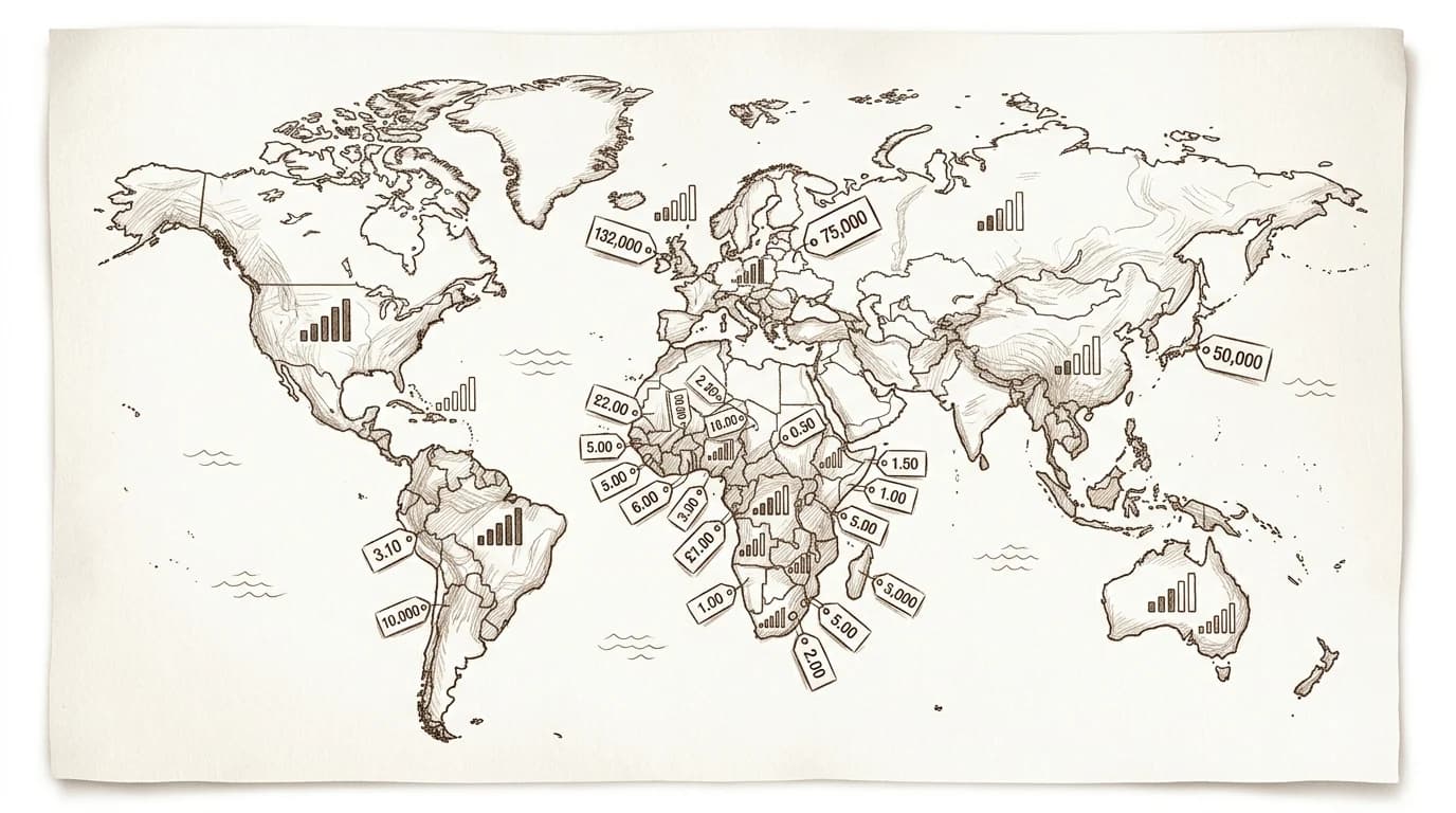 Hand-drawn world map sketch showing varying eSIM data costs across different global regions