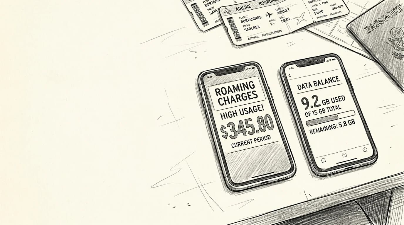 Sketch of two phones comparing a roaming charge alert against a low-cost eSIM data balance