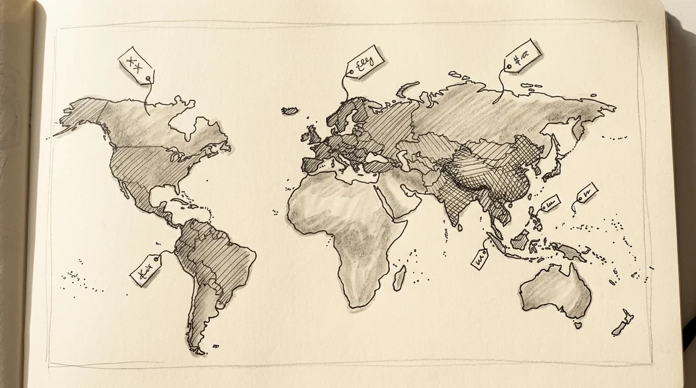 Sketched world map with regional zones and floating price-tag icons comparing travel data costs