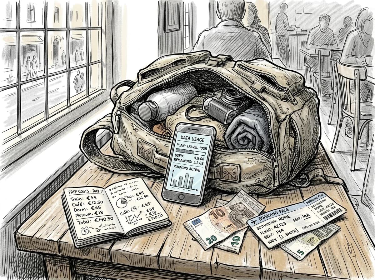 Sketch of smartphone showing data plan costs beside travel documents and currency on a café table