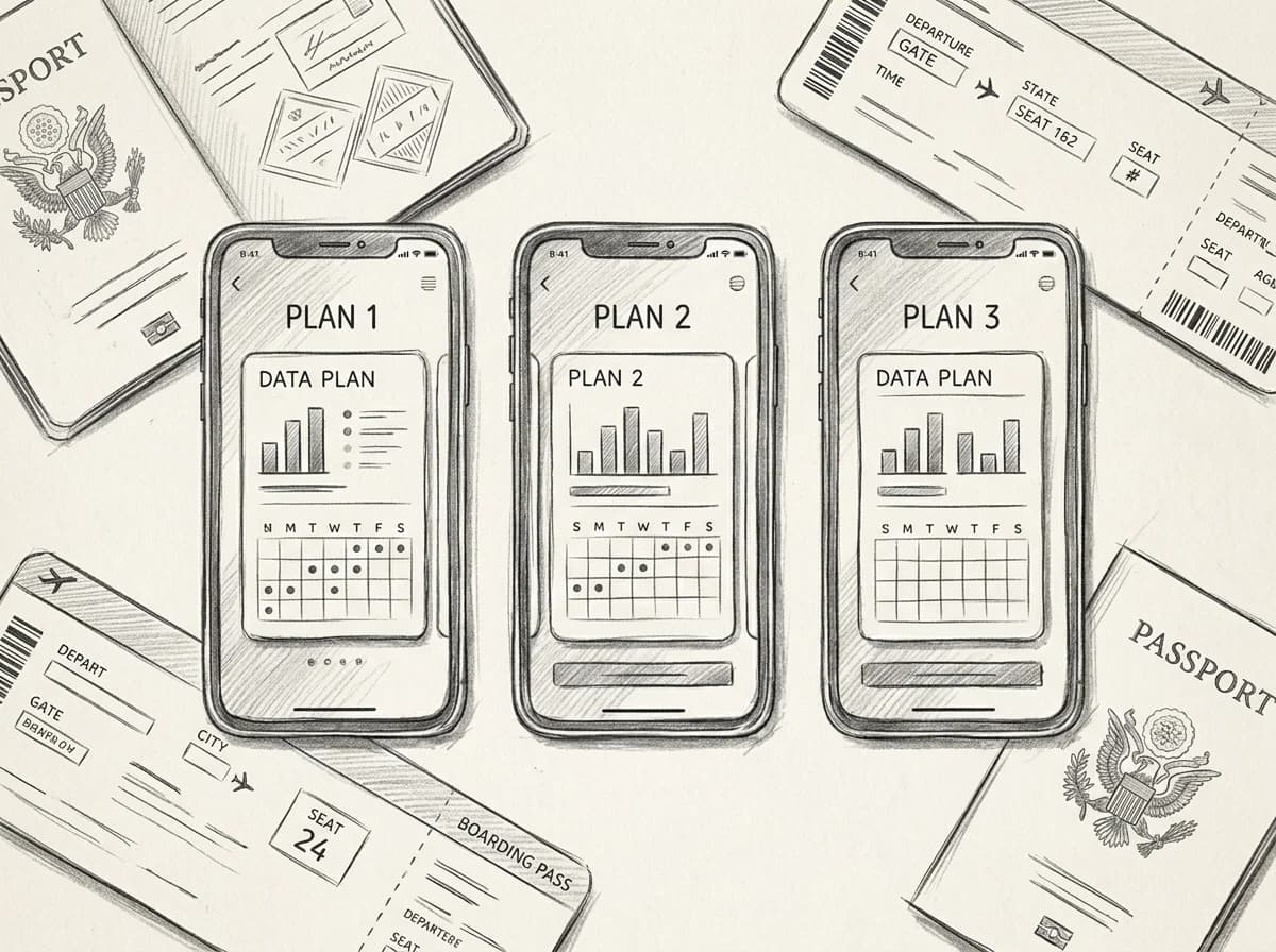 Sketched comparison of three prepaid eSIM data plan cards laid out beside travel documents