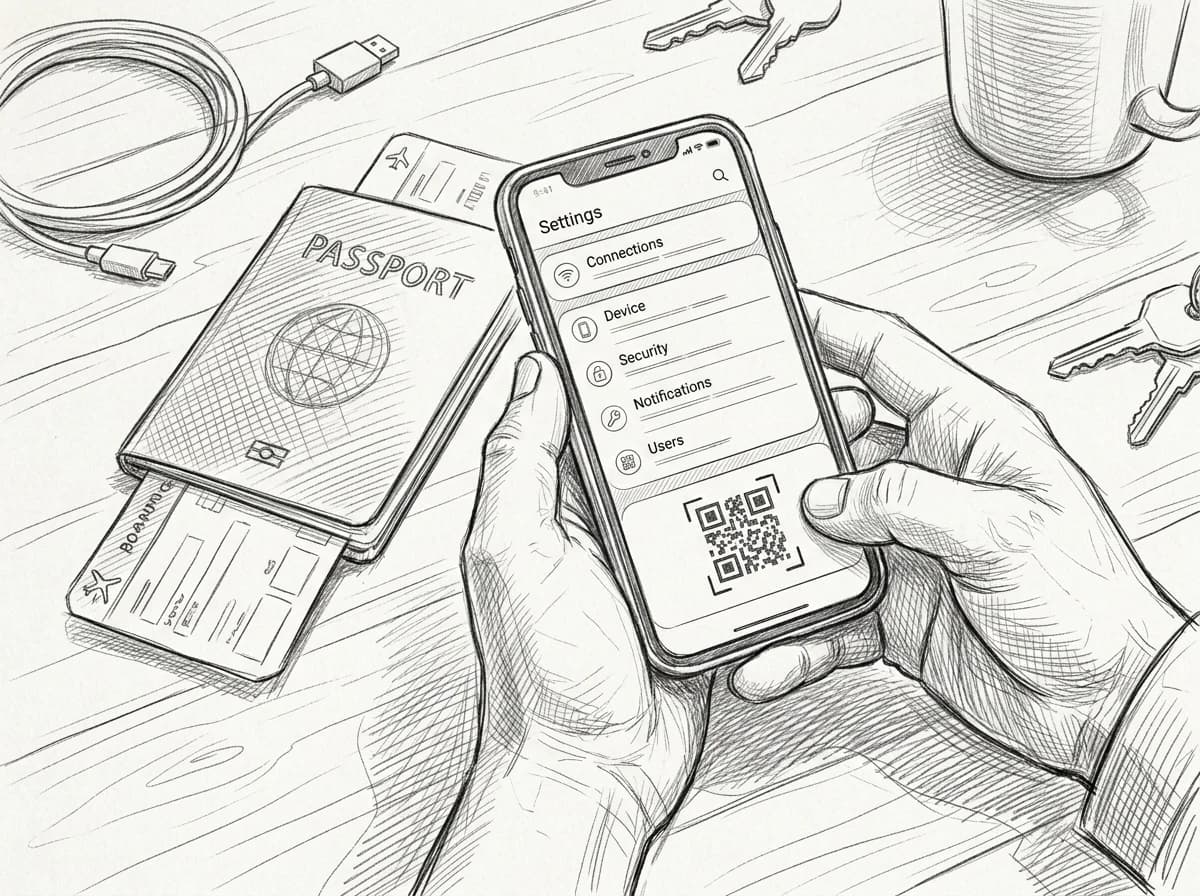 Sketch of hands installing an eSIM on a smartphone beside a passport and boarding pass
