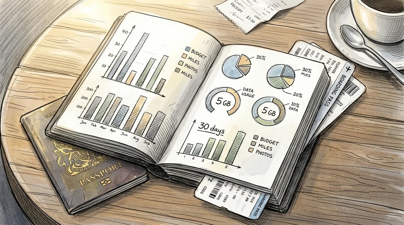 Hand-drawn notebook showing data allowance bar charts and 30-day validity timelines beside a passport