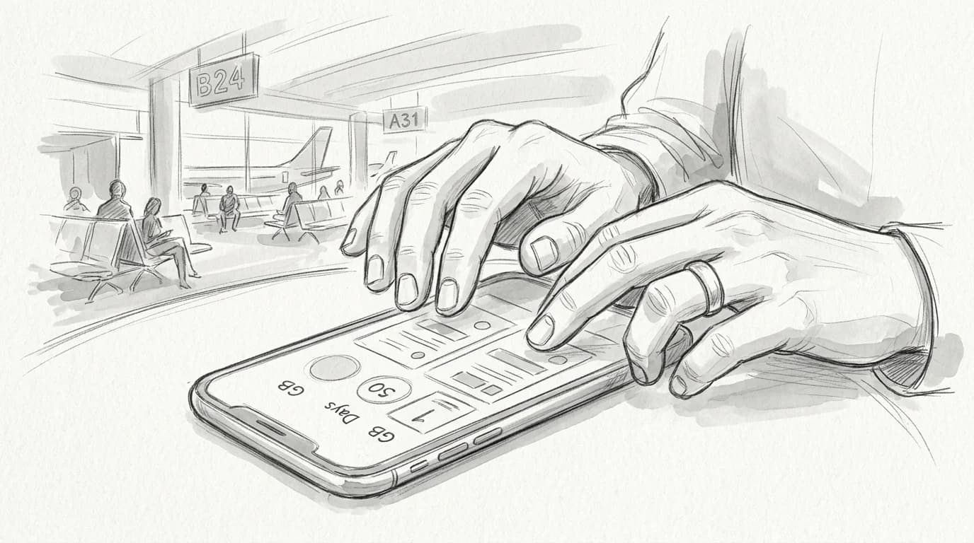 Hands select a prepaid eSIM data plan on a smartphone screen in an airport lounge