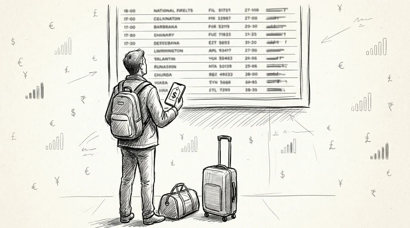Traveler at airport departure board holds phone showing inflated roaming cost symbols