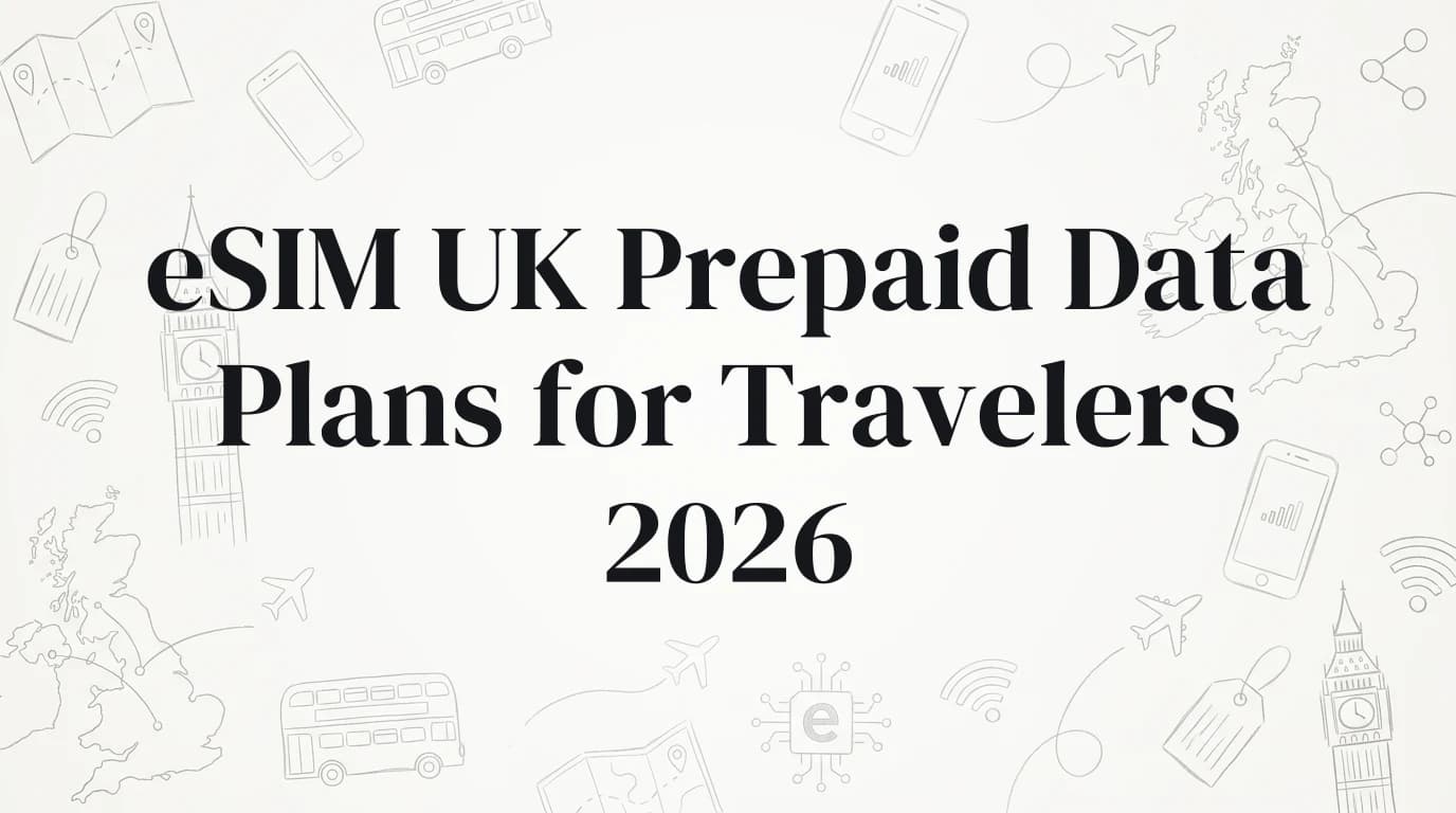 Hand-drawn travel doodles illustrating esim uk prepaid data plans for travelers 2026