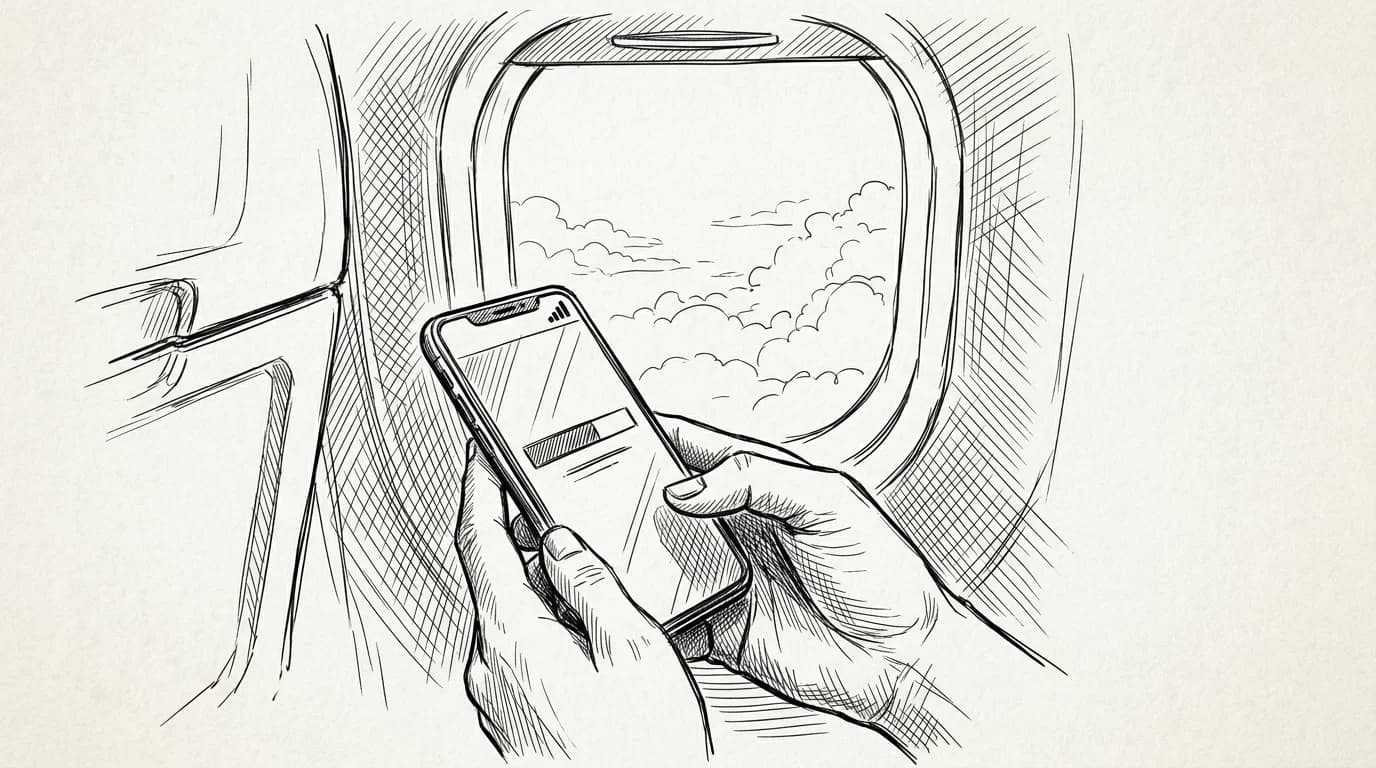 Hands hold a smartphone mid-flight while installing an eSIM, airplane window visible behind