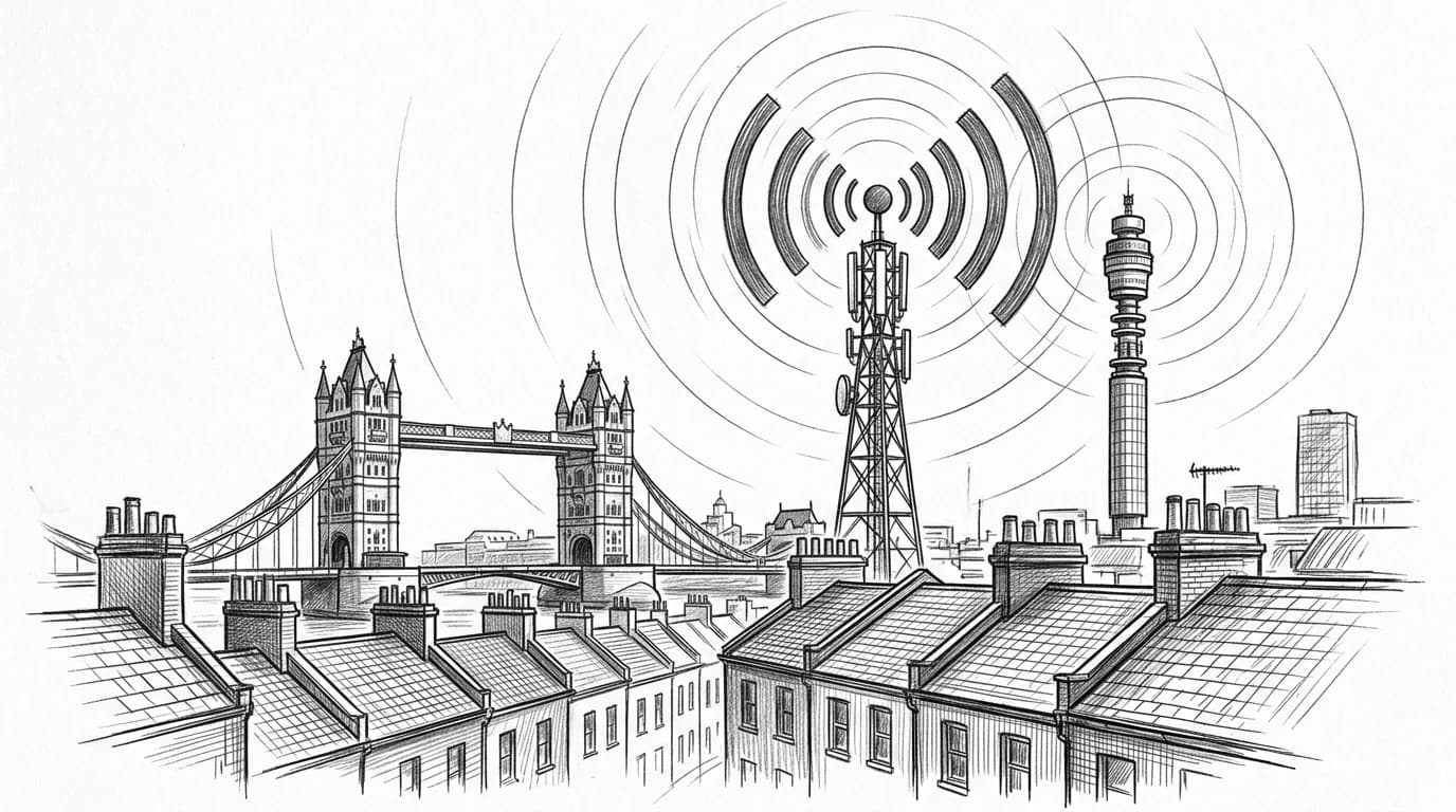 Sketch of Tower Bridge and BT Tower skyline with signal arcs radiating from a network mast