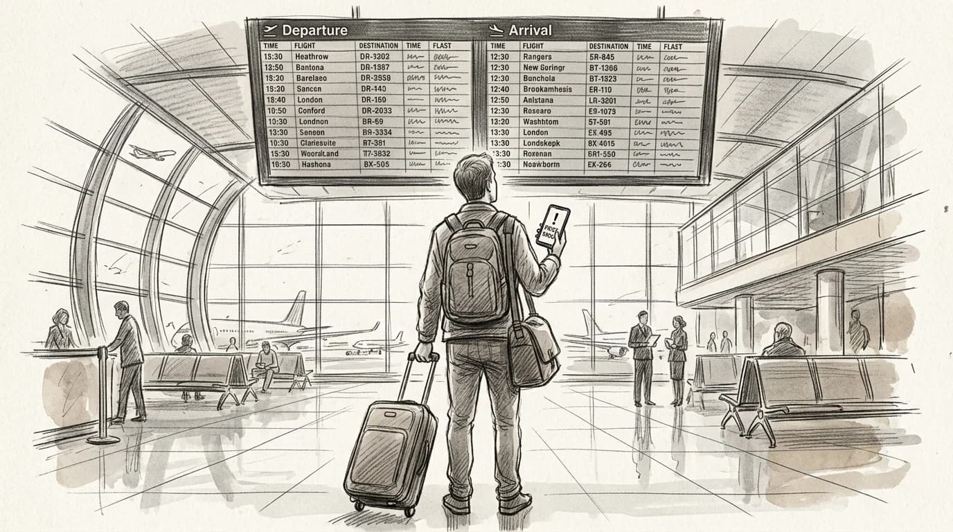 Traveler at Heathrow arrivals hall checks phone showing unexpected roaming charges