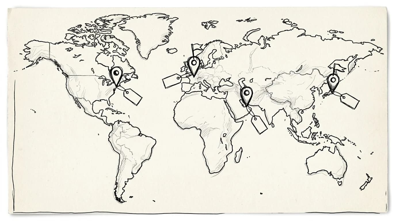 Hand-drawn sketch map showing destination pins with price tags across Tokyo, Paris, New York, and Dubai