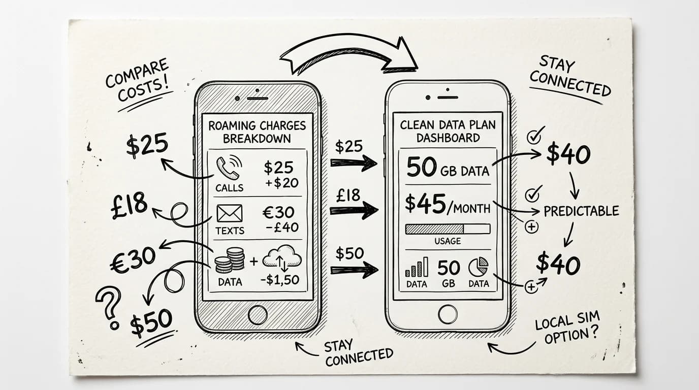 Ink sketch comparing two phones showing roaming charges versus a travel eSIM data plan cost breakdown