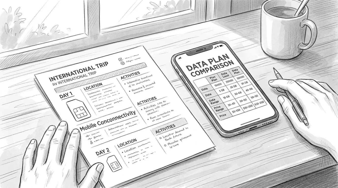 Sketch of two travel data plan options laid out on a desk for side-by-side comparison