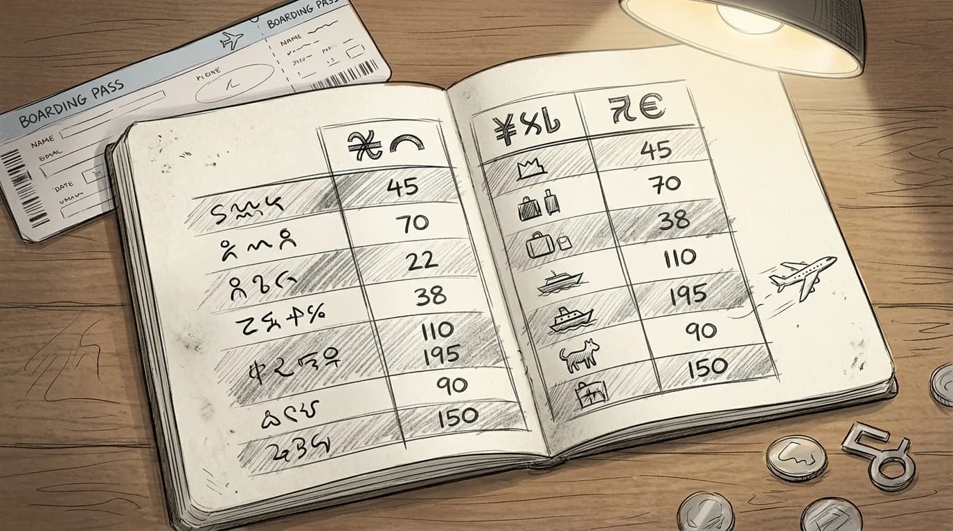 Hand-drawn notebook showing a travel eSIM pricing comparison chart with boarding pass and coins