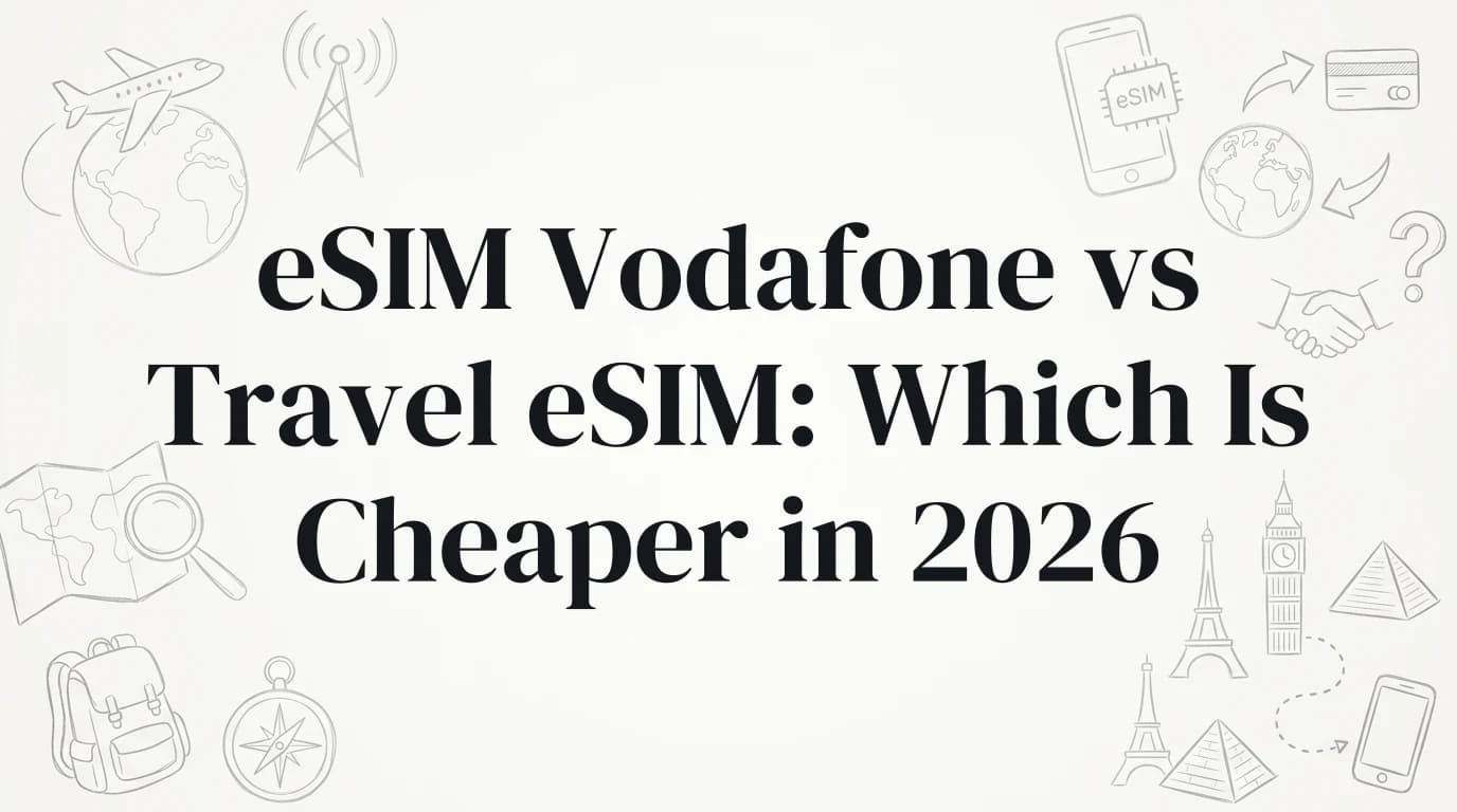 Hand-drawn travel doodles illustrating esim vodafone vs travel esim which is cheaper in 2026