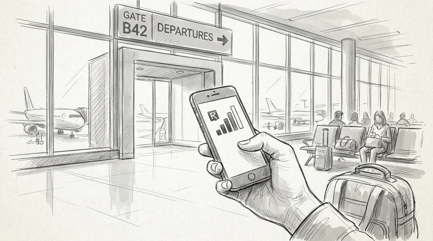 Sketched hand holds a smartphone showing roaming signal in an airport departure lounge