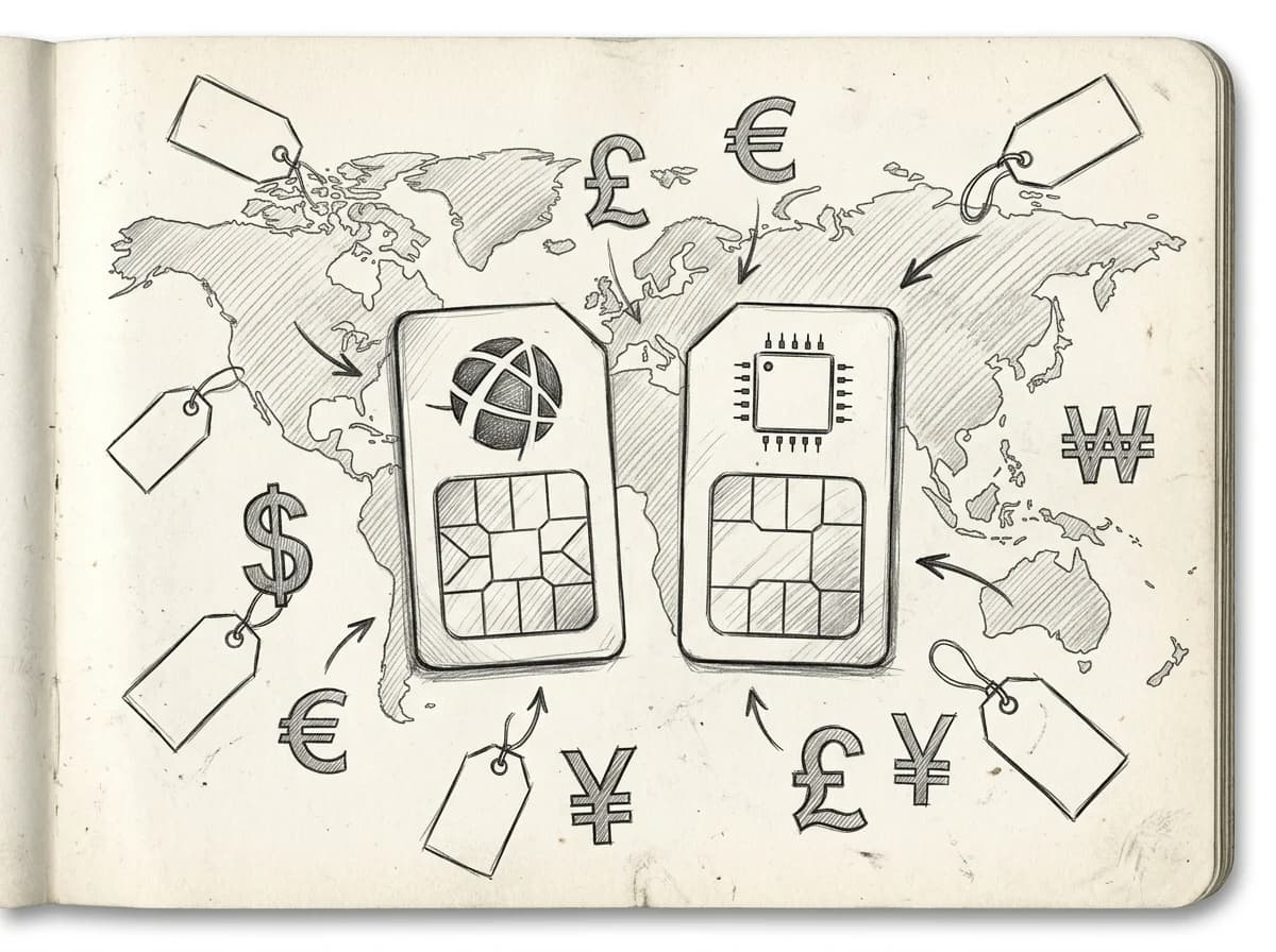 Sketch of an eSIM chip and a physical SIM card with price tags and currency symbols on notebook paper