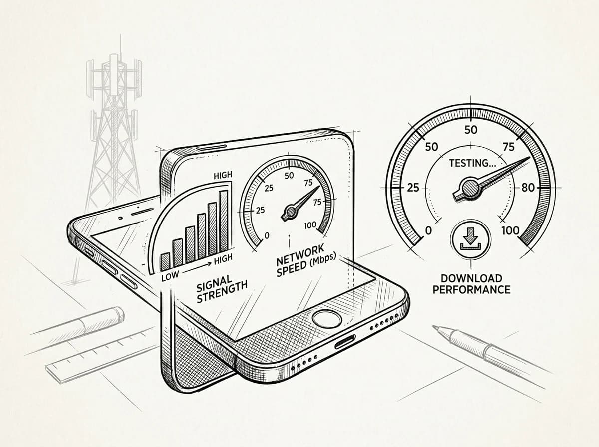 Sketch diagram of a phone screen showing signal strength bars beside a network speed gauge