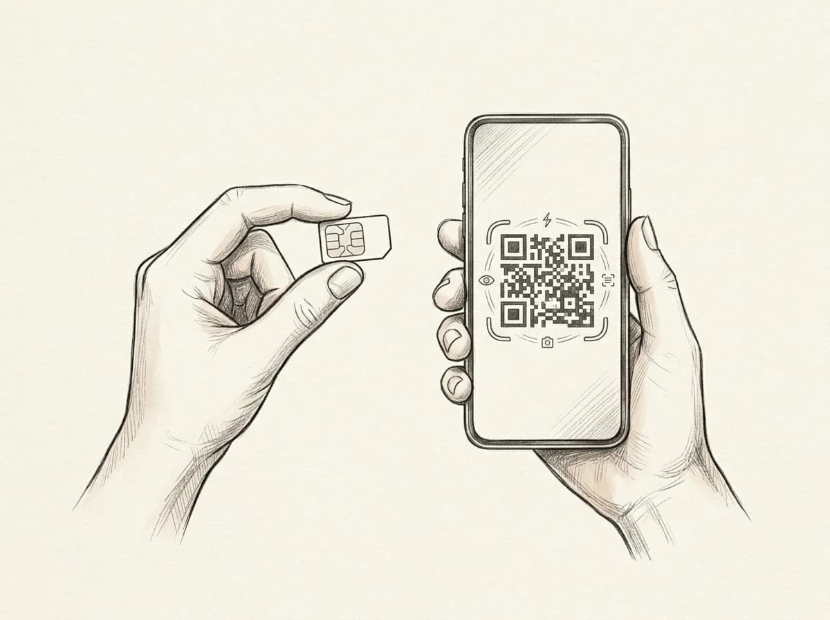 Sketch comparing a physical SIM card held in hand alongside a smartphone showing a digital eSIM QR code