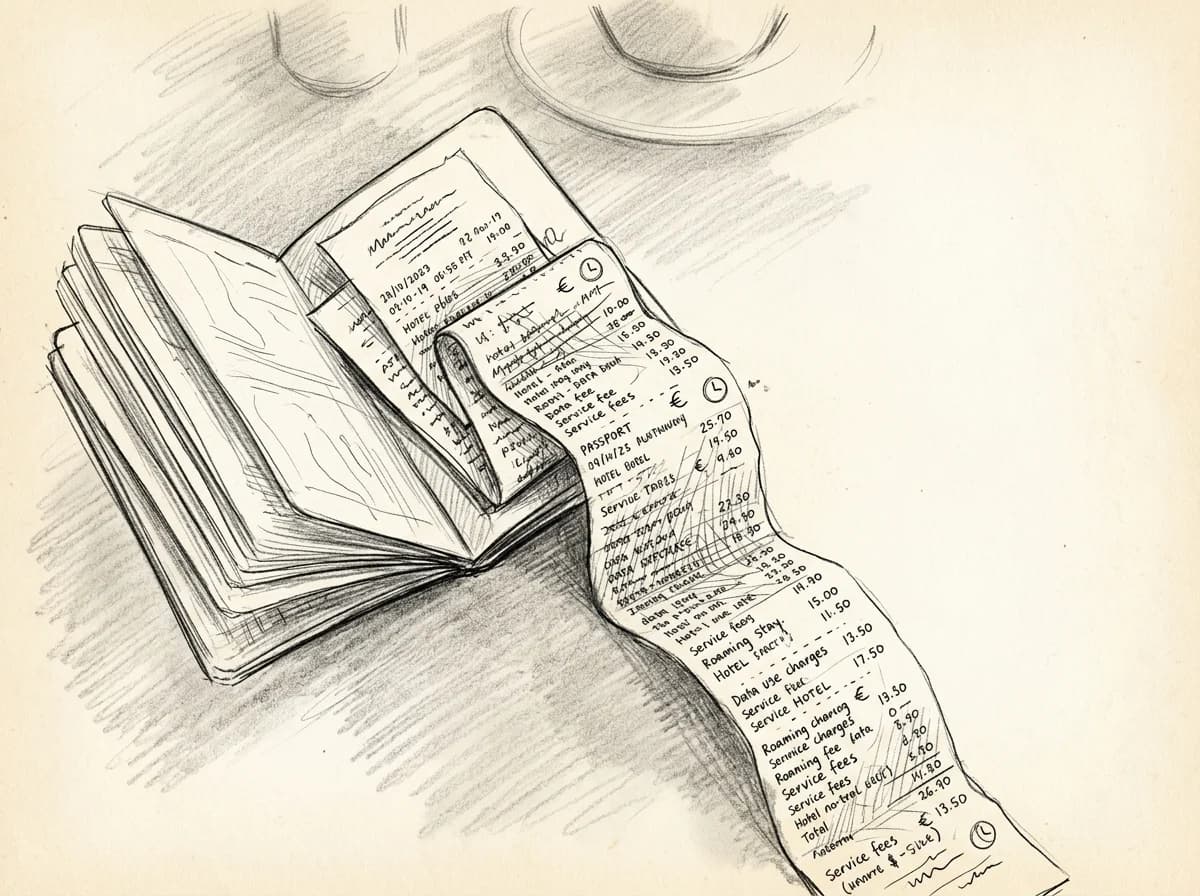 Crumpled roaming charges receipt spilling from an open passport on a café table