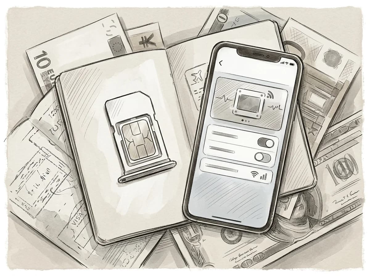 Sketch of a physical SIM card tray beside a phone displaying a digital eSIM profile on a passport