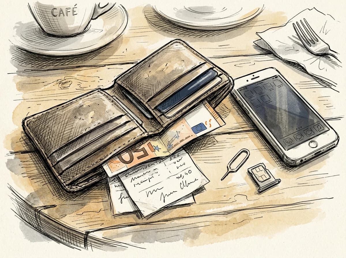 Sketch of a wallet, SIM tray, receipts, and smartphone on a café table highlighting travel costs