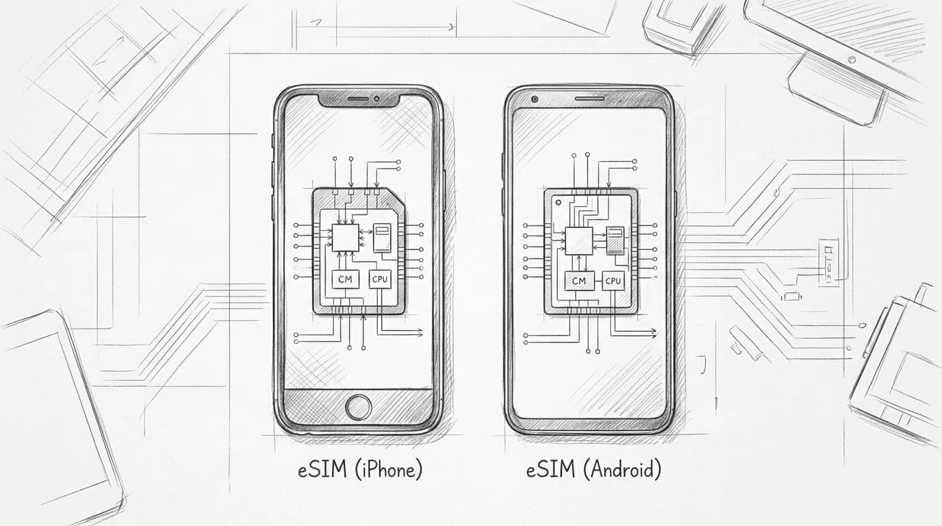 Pencil sketch of iPhone and Android phone side by side showing embedded SIM chip diagrams