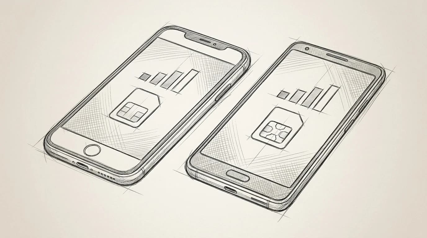 Pencil sketch of iPhone and Android phone side by side showing eSIM activation screens