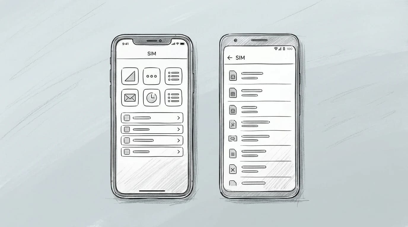 Sketch comparison of iPhone and Android phones showing eSIM settings side by side
