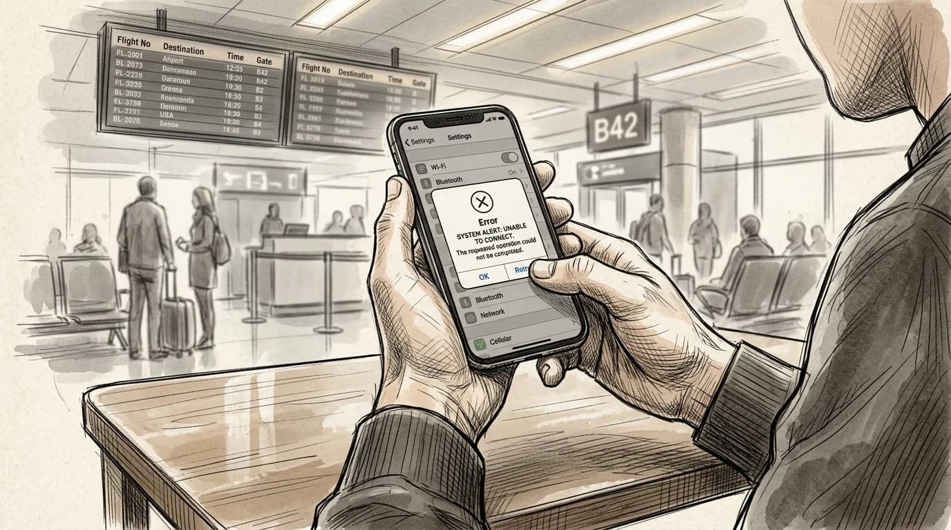 Hands hold an iPhone showing an eSIM activation error screen at an airport gate