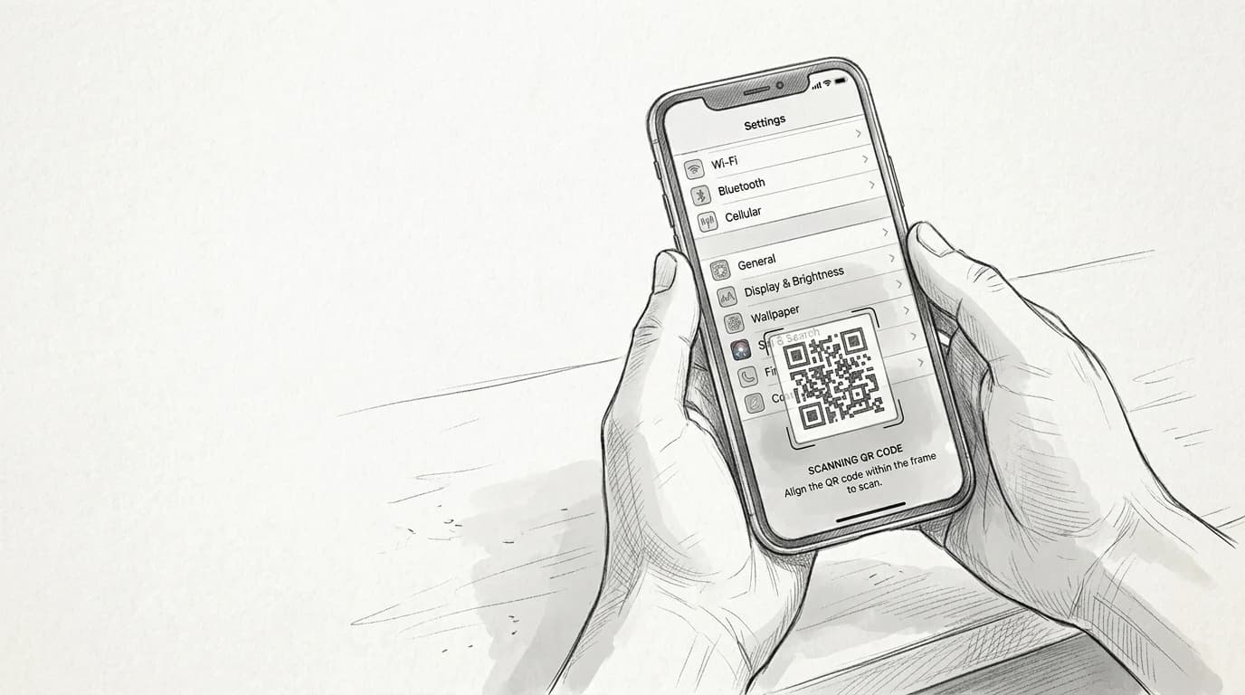 Sketch of hands holding an iPhone scanning a QR code in iOS Settings to activate an eSIM