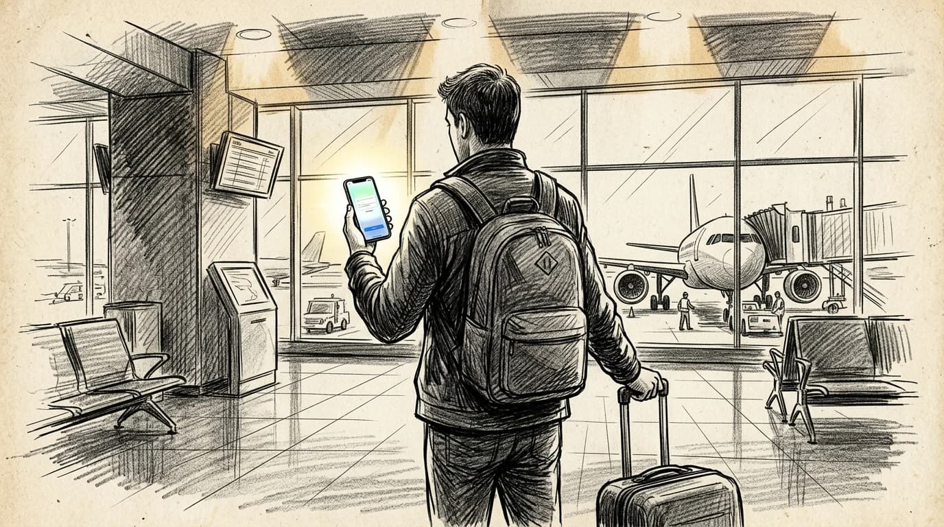 Traveler at airport departure gate activates an eSIM on iPhone before boarding