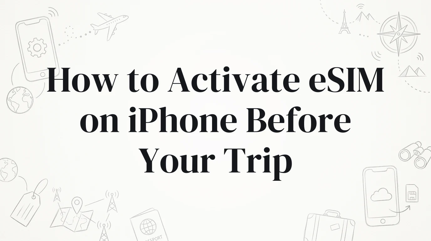 Hand-drawn travel doodles illustrating how to activate esim on iphone before your trip