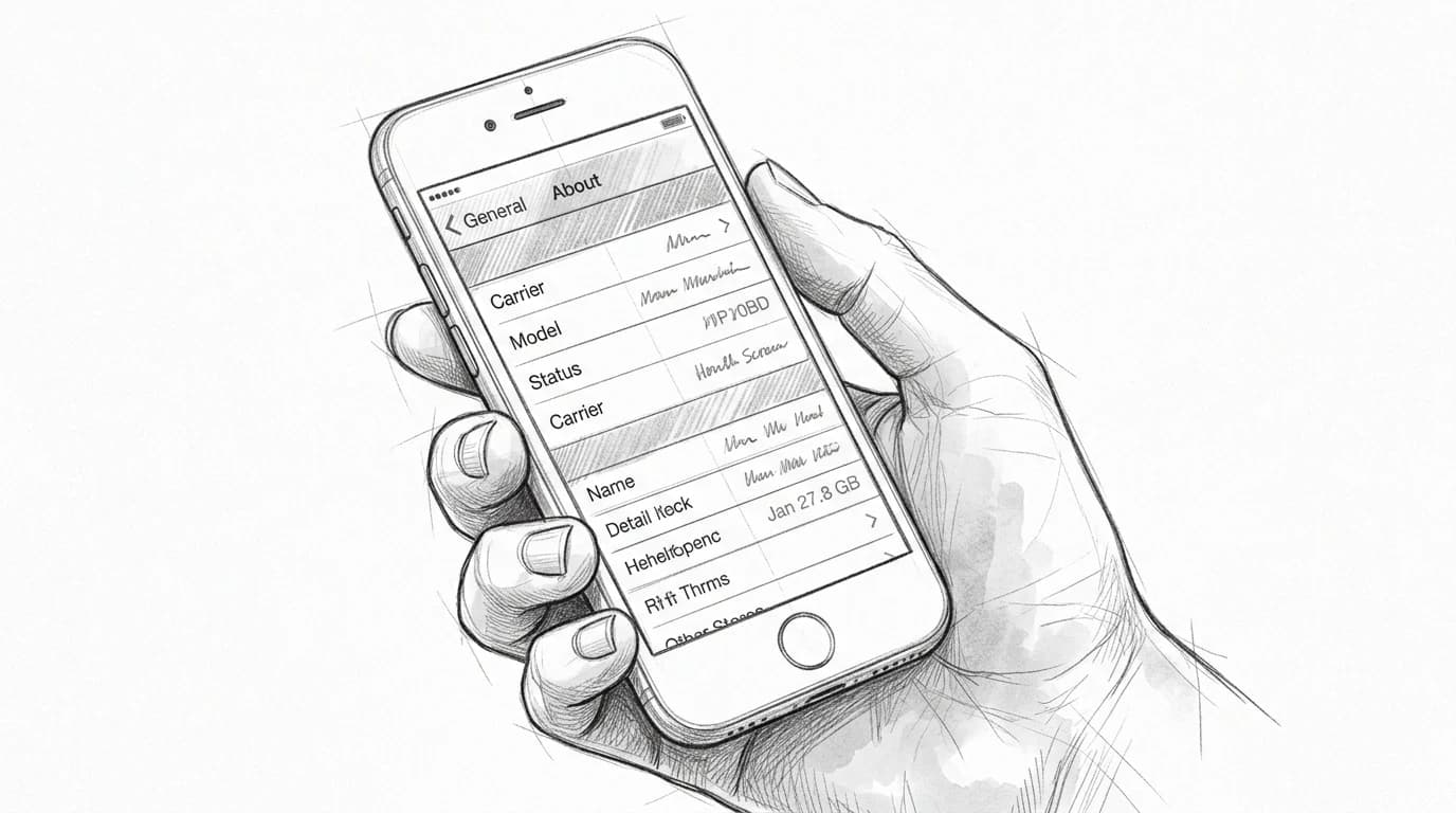 Hand holding iPhone open to Settings About screen showing carrier and model details
