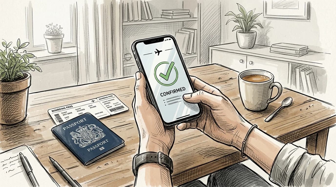 Hands hold an iPhone showing eSIM activation confirmation at a home desk with passport and boarding pass