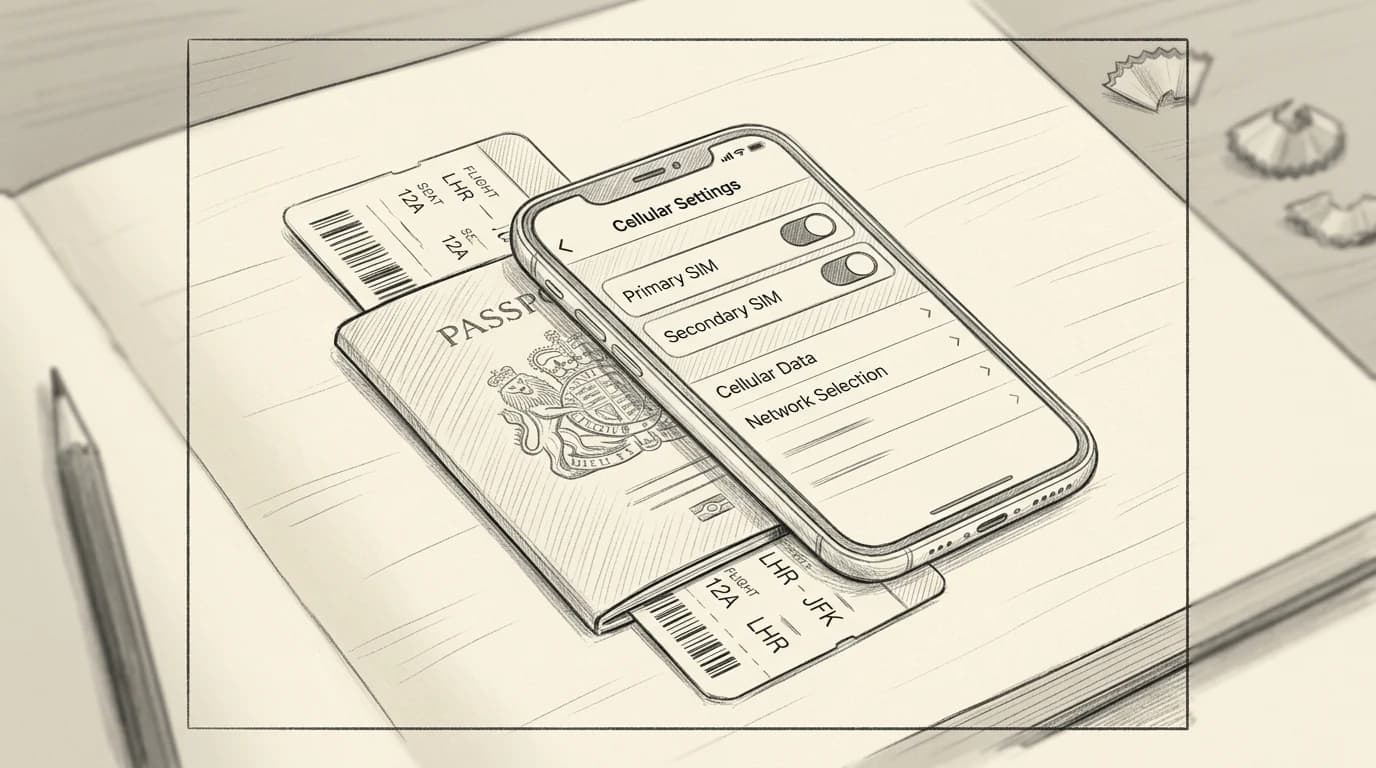 Sketch of iPhone showing dual SIM cellular settings beside a passport and boarding pass