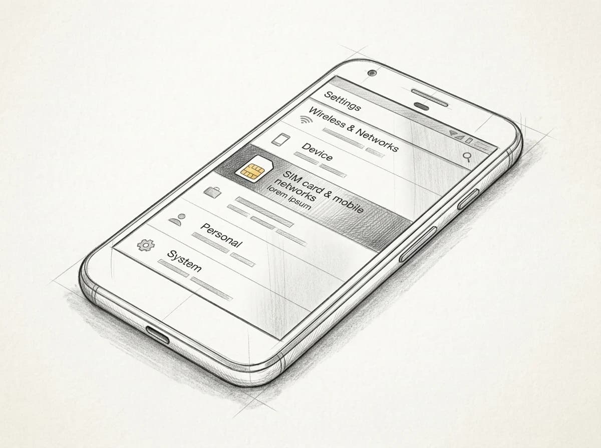 Pencil sketch of an Android phone showing a SIM settings screen with eSIM option highlighted