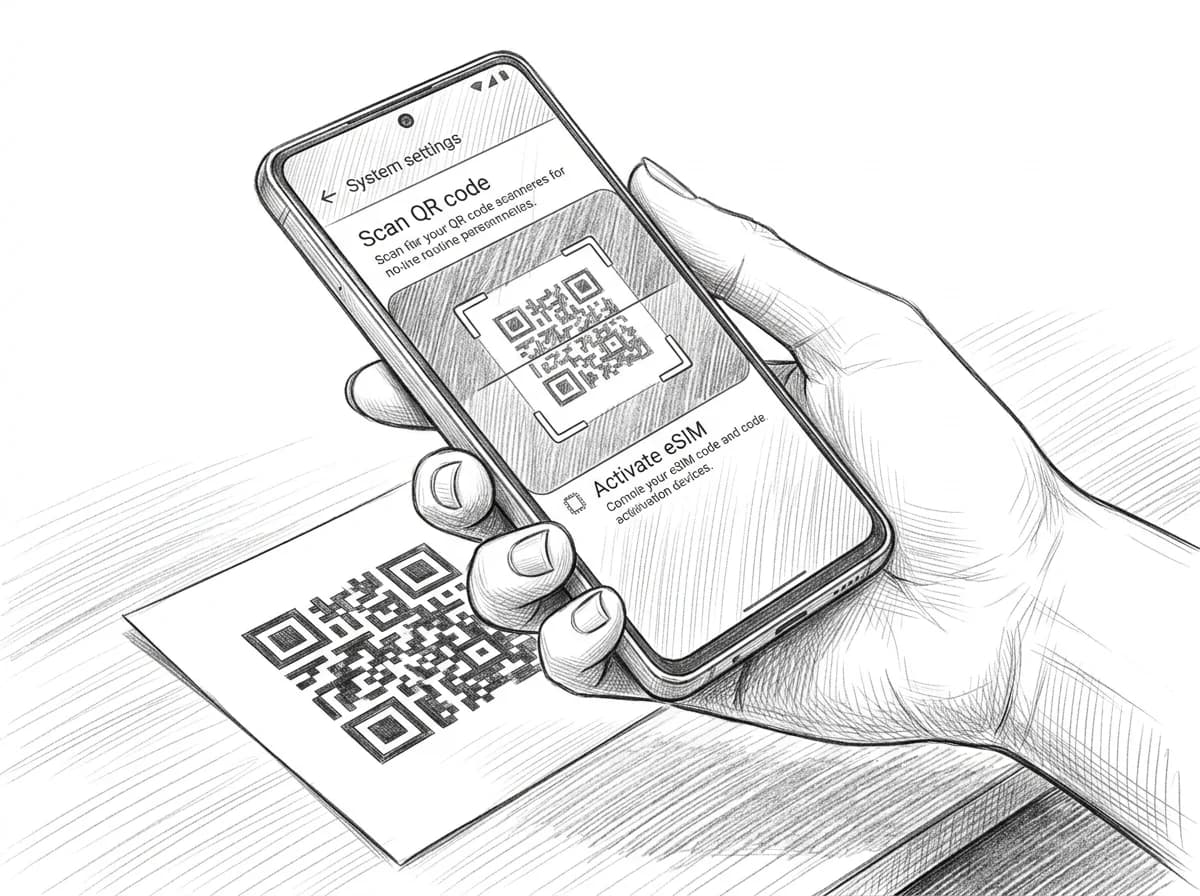 Hand holds an Android phone scanning a printed eSIM QR code in system settings