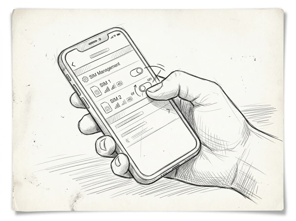 Hand selects active data SIM on an Android phone's dual-SIM settings screen