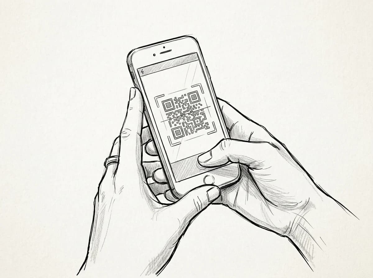 Sketch of hands holding a smartphone scanning a QR code to install an eSIM