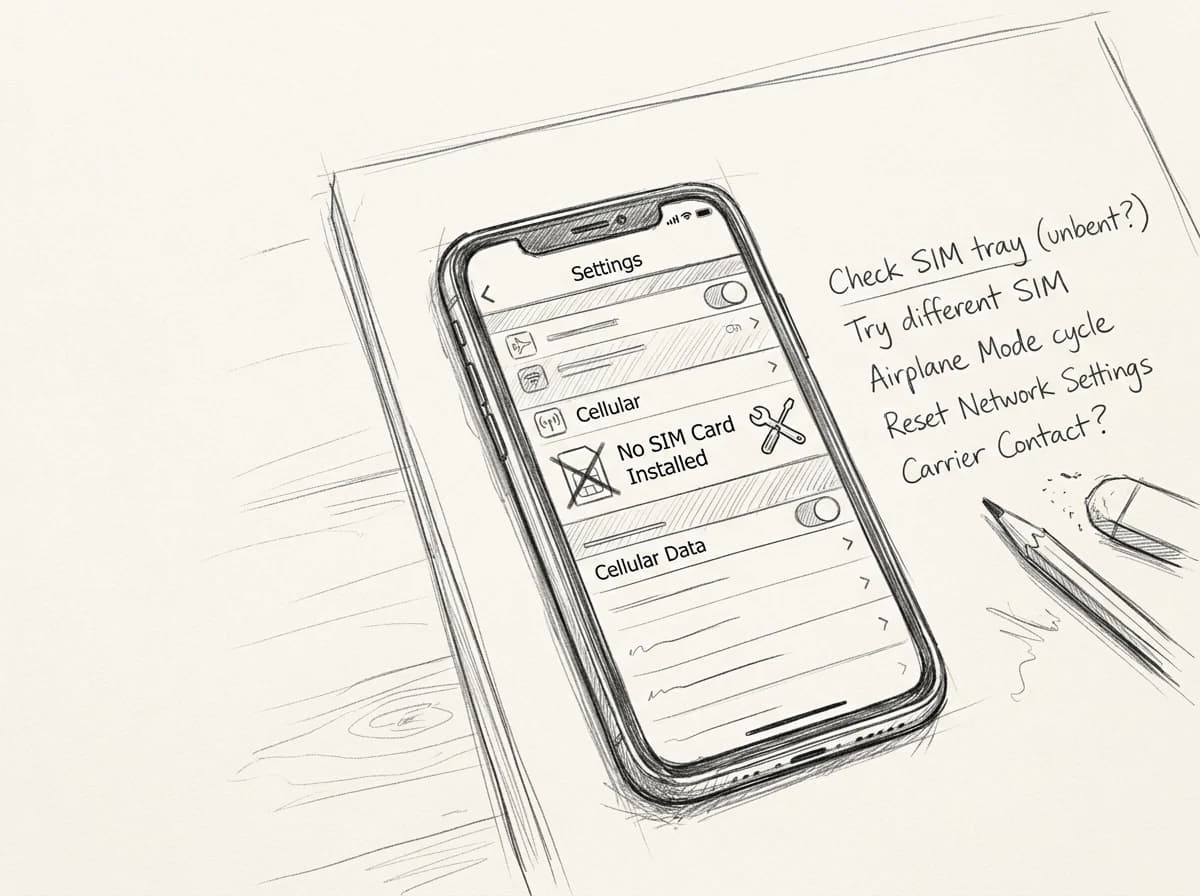 Sketch of an iPhone showing an eSIM error screen beside handwritten troubleshooting notes