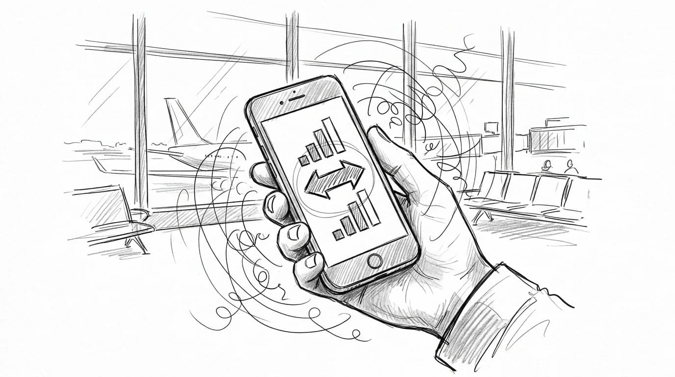 Sketch of a hand holding a phone with two eSIM signal profiles mid-switch at an airport gate
