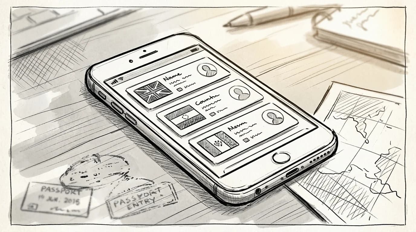 Sketch of a smartphone showing multiple eSIM country profiles stacked in a settings interface