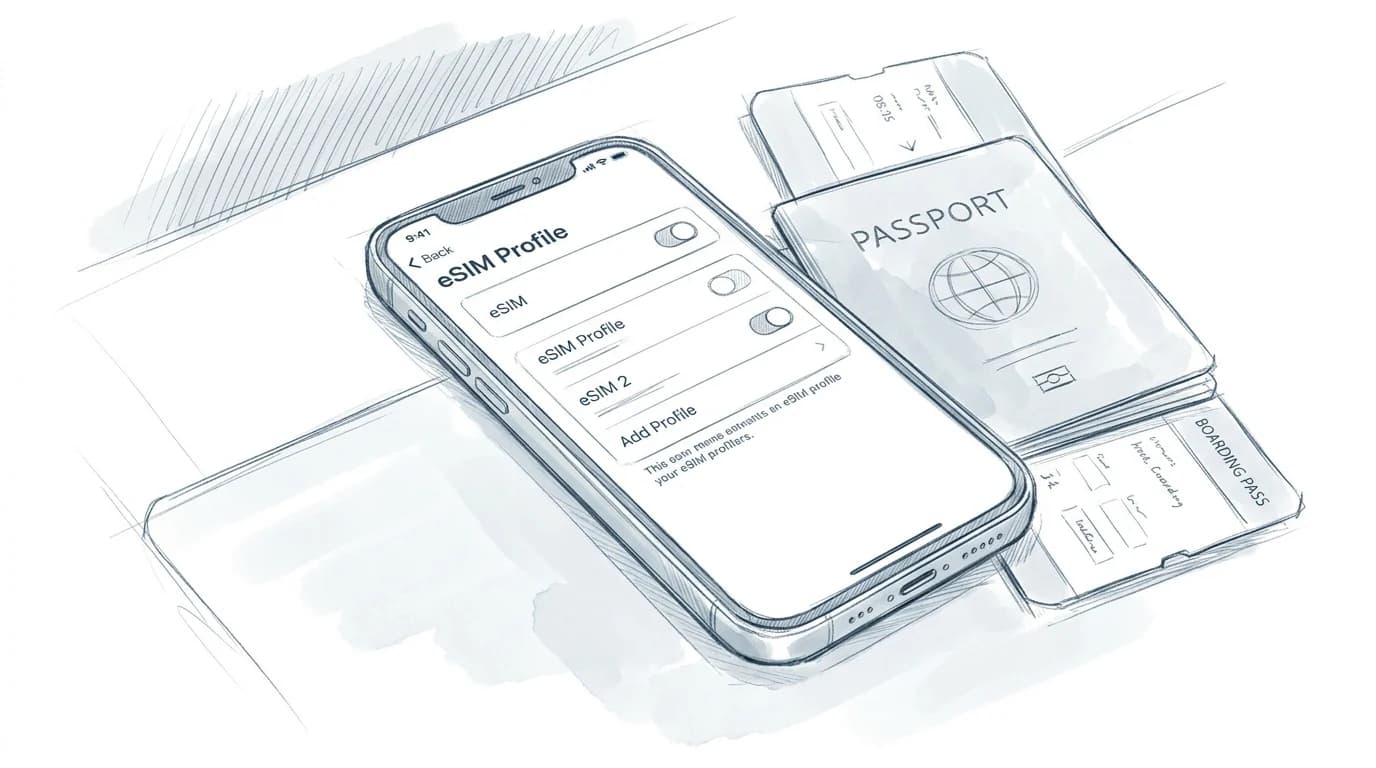 Sketch of iPhone displaying eSIM profile switching screen beside a passport and boarding pass